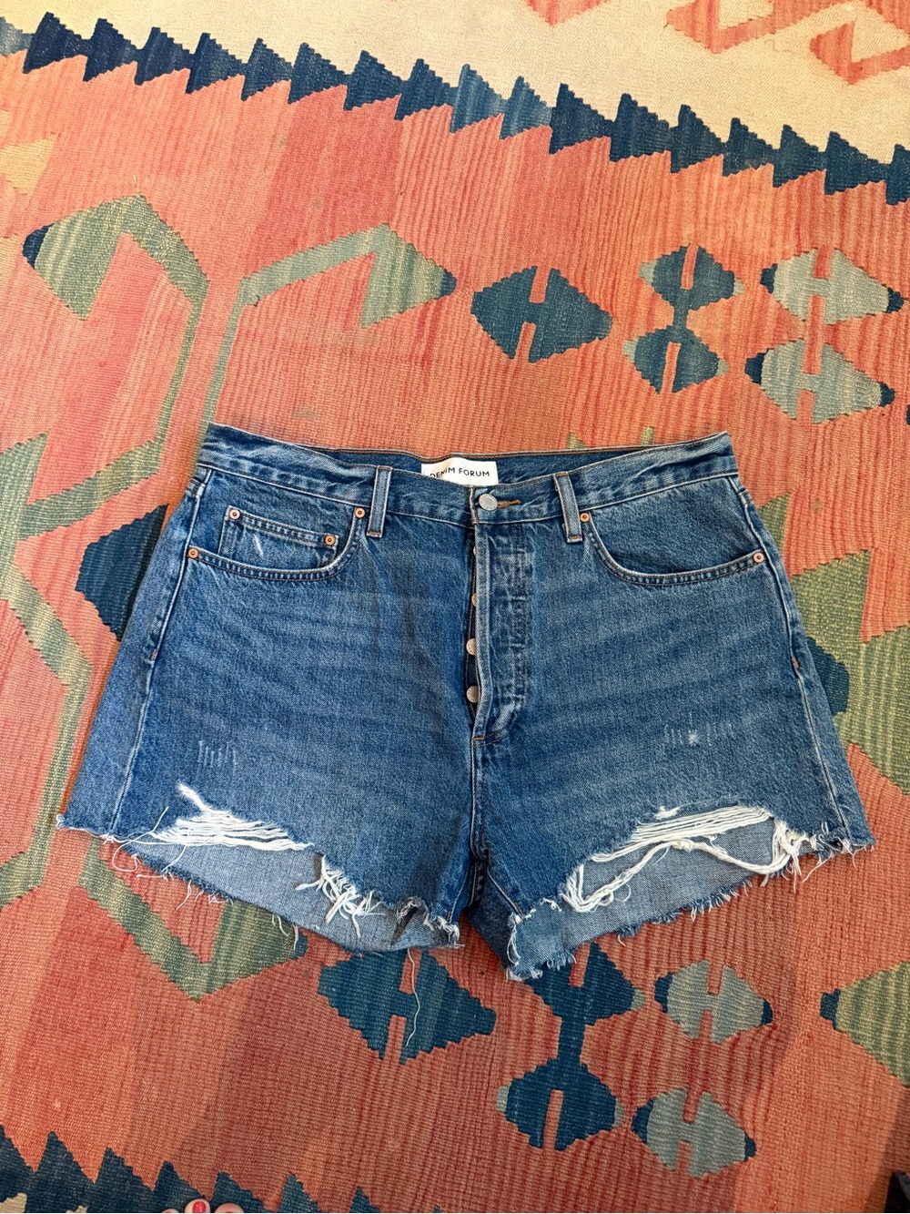 Denim Forum High-Rise Distressed Denim Shorts - Blue